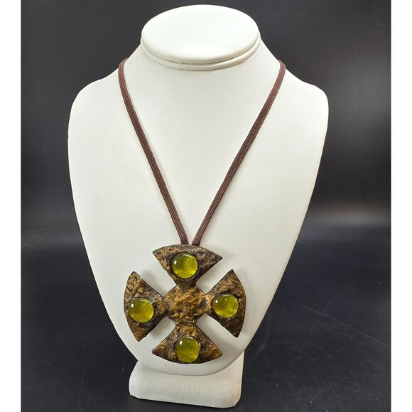 Handmade Brown Montrose Cross Pendant Necklace With Green Glass Accents HS190 - Picture 1 of 4